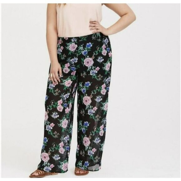 NWT Torrid Black Floral Chiffon Pull On Wide Leg Pants - Size 2X - Picture 1 of 12